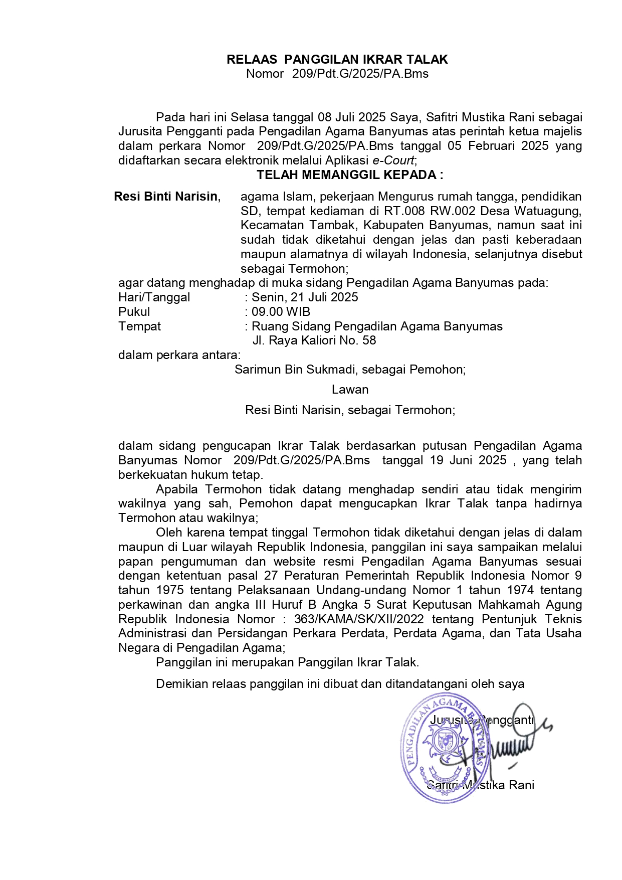 209 Pdt.G 2025 PA.Bms surat tercatat T ikrar PTA page 0001